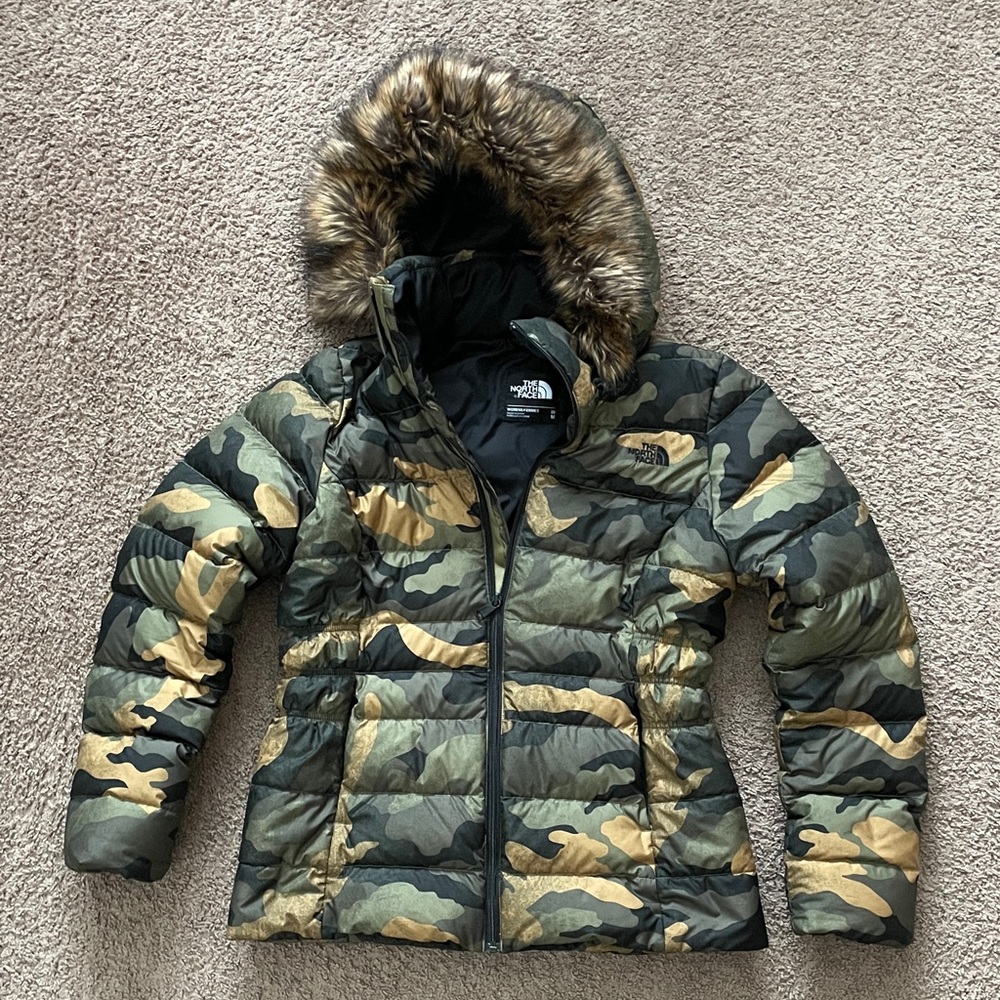 The North Face Green Camo Down PufferJacket with Fur Hood